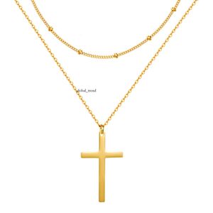 Necklace Amazon Stainless Steel Cross Chain Beaded Chain Women's Exquisite and Minimalist Stainless Steel Double Layer Cross Beaded Luxury Necklace 337