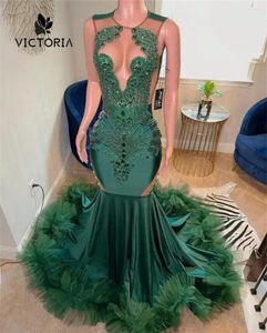 Party Dresses Vintage Green Tulle Ruched Train Crystal Mermaid Prom Dress for Black Girl Rhinestones African Birthday Wedding Guest Gown