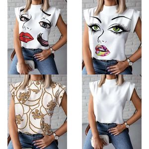 Womens Sexy Summer T-shirt Stand Collar Lips Printed Tops Tees Sleeveless Ladies Acetate Size S-2XL Blouses Women Woman Clothes