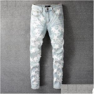 Herren Jeans Blue Star Loch gestapelt Stapel Füße Motorrad -Hose Patchwork Jean Männer Korean High Street Fashion Graphic Drop Lieferung A DHLKQ