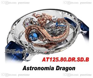 Astronomia Tourbillon 18K Rose Gold Dragon Szwajcarski kwarc męski kawałek Pave Pave Unikalny w pełni przezroczysty szklany grawer 3D Blue Lea8890776