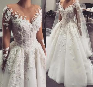 Sale Long Sleeves Wedding Dresses 3D Floral Applique Tulle Sweep Train Illusion Scoop Custom Made Wedding Gown