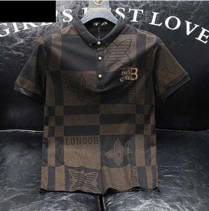 Men's Casual Shirts European station mens summer new Polo shirt mens European tide checkered flocking lapel all-match T-shirt men youth top