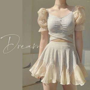 Women's Swimwear Korean Plaid Two-Piece Suits Swimsuit Women Houndstooth Patchwork Short Puff Sleeves Bathing Suit Dress Spring Wear