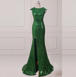 Bling bling bling smeraldo verde paillettes di paillettes a sequenza gioiello a manicotto sirena abito da sera elegante con abiti da ballo diviso sweep TR8850749