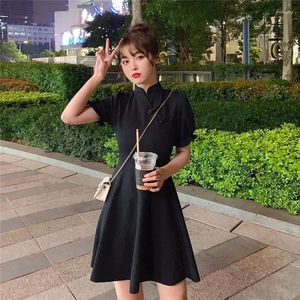 Casual Dresses Red Dress Skirt Improved Summer Cheongsam Retro Waist Small Black Slim Chinese Bubble Sleeve