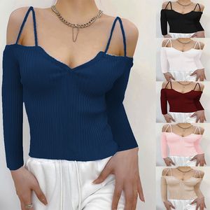 2024 New Spring v-neck Solid Solid Long Sleeved Sexy Open Back Top مع أشرطة مع وقف التنفيذ لارتداء المرأة