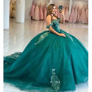 2024 Abiti da quinceanera verde scuro Abiti in pizzo Applique Corsetto di perline di dolo