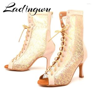 Dansskor Ladingwu Beige Suede High Boots Women Latin Breattable Mesh Ballroom Party Salsa