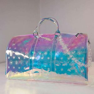 Designerväskor högkvalitativ lätt vikt anpassad EMed PVC holografiska kvinnor Vita smycken Weekender Overnight Travel Pouch Sport Duffel Bag