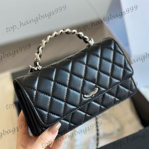 23K Black Lambskin Accordion Multi Pochette Top Rhinestone Handle WOC Bags Card Holder Silver Chain Crossbody Shoulder Cellphone OL 2IN1 Purse 19x10cm