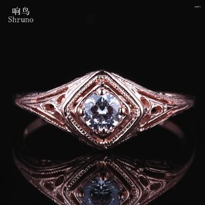 클러스터 반지 Shruno Solid 14K Rose Gold Round VVS D 컬러 4mm 진짜 Moissanite 약혼 반지 웨딩 빈티지 골동품 솔리테어 보석