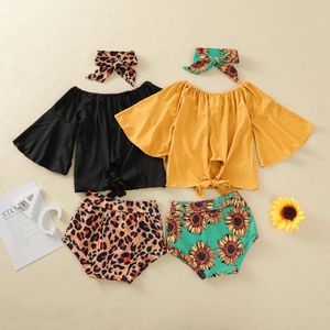 Kläder sätter fokusnorm sommar vackra flickor kläder 3 st flare hylsa av axel solida toppar leopard/solrosor shorts pannband 0-3y