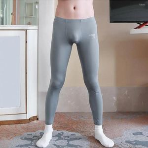 Men's Sleepwear Men Ultra-thin Ice Silk Sleep Bottoms With Bugle Pouch Leggings Solid Color Mid-rise Pajama Pants