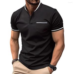 Camisa de camisetas masculinas esportes curtos diários de férias listradas V de pescoço 1pcs botão casual colar de manga de poliéster superior