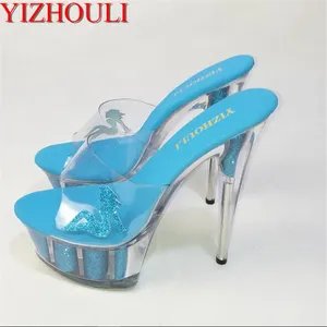 Dans ayakkabıları Yizhouli 15 cm yüksek topuklu terlik kulübü gece seksi kutup dans platformu kadınlar