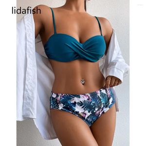 Damen Badebekleidung Blattdruck Bikini Unterdraht Frauen Push Up Swimming Suits für Badeanzug Strandkleidung Biquini zweiteilige Set