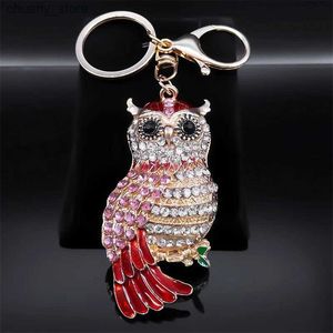 Nyckelringar Lanyards Sweet Owl Pink Crystal Keychains For Women Men Rhinestone Birds Key Ring Plånböcker Bil Charms smycken Llaveros Para Mujer K5250S01 Y240417