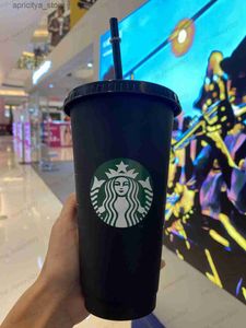 Vattenflaska staneliness Starbucks muggar 24oz/710 ml sjöjungfru gudinna plast tumlare återanvändbar svart dricka platt botten pelare form lock halm kopp gratis dhl 83v1 l48