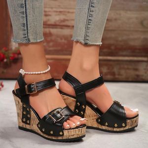 Sandaler Summer Women's Thick Sole Waterproof Platform Slope High Heel With Metal Decoration Fashionable Style Black Sandalias