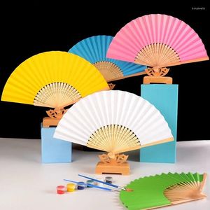 Decorative Figurines 7-inch Folding Paper Fan Dance Wedding Party Lace Silk Hand Held Solid Color