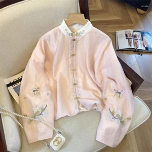 Blusas femininas camisas de chiffon bordando chineses bordados solteiros mulheres tops primavera/verão Floral Vintage Clothing ycmyunyan