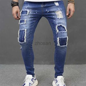 Men's Jeans 2023 Men Stylish High Street Ripped Patch Pencil Trousers Male Casual Slim Denim Pants d240417