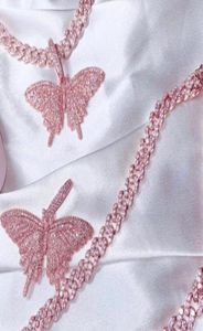 14K mrożony różowy motyl Naszyjnik Mały rozmiar 57x51 cm dla mężczyzn kobiety Diamentowe złote srebro z 24 -calowym łańcuchem linowym Hiphop 6322572