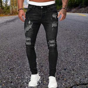 Jeans masculinos Classic Men Black Ripped Calças Primavera e Verão Esportes Casual Elastic Solid Mody Namorado Leggings D240417