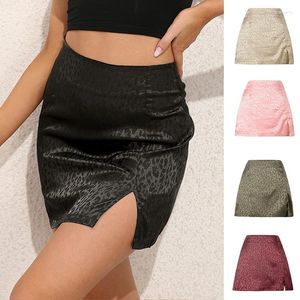 Skirts Summer Women's Skirt Satin Jacquard Leopard Print High Waist Sexy Slim Slit Mini Elegant