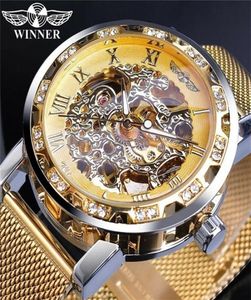 Gewinner transparent Mode Diamond Luminous Gear Movement Royal Design Men Top Marke Luxus männliches mechanisches Skelett Armband Uhr 02931218