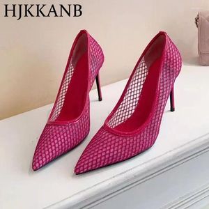 Vestido Sapatos 2024 Spring Ponto de ponta de moda solteira Mulheres Air Mesh Party Party Fin High Heels Sandals Ladies Sexy Banquet Stiletto