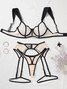 Бюстгальтеры Sets 2024 Sexy 4pcs Bra и Canty Set Set Комфортный перспективный сетчатый нижнее белье Ультра-тонкое крупное кружево нижнего белья для груди