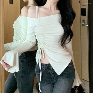 Women's T Shirts Sexy Solid Tees Slim Flare Sleeve Women Skew Collar Top Off Shoulder T-Shirts Shirring Ruched Streetwear Spring Summer