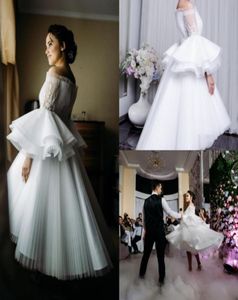 2020 Chic Białe sukienki balowe z puszystych falbany z długim rękawem plisowane pliski wysokie niskie krótkie suknie wieczorowe koronkowe aplikacje Octa4323082