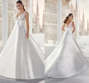 Minimalist Satin eine Linie Brautkleider Spitze gegen Nacken sexy Brautkleider mit langem Zug plus Größe Vestidos de Novia de Mariee YD