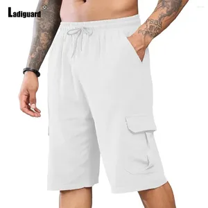 Men's Shorts Ladiguard 2024 Mens Vintage Stand Pocket Cotton Linen Casual Beach Knee-Length Pants Solid White Drawstring Men