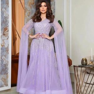 Fairy Lavender Arapça Dubai Uzun Kollu Akşam Elbise Bir Çizgi Beadings Sequins Kadın Ünlü Elbiseleri Balo Partisi Vestidos BC18435