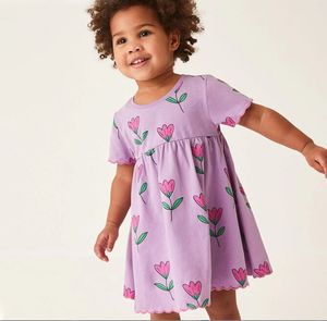 Vestido de meninas 2024 desenho animado estampar vestidos princesas redonda no pescoço algodão malha de algodão curta saia infantil