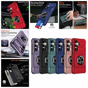 Samsung S24 Ultra A25 A14 A15 Metal Finger Ring Bracket Hard PC TPU Defender Armor Combo Hybrid Impact Kickstandカバーのカードスロットカーホルダーショックプルーフケース