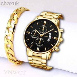 Wristwatches Luxury Fashion Men Steel Watch Calendar Quartz Wristwatch Chain Bracelet Business Watches Man Clock for Relogio Masculino d240417