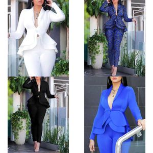 Two Women's Piece Pants Women Long Sleeve Solid Ruffles Design Top & Skinny Pencil Pant Sets Set Outfits