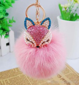 18Color Cute Bling Rhinestone Fox Real Rabbit Fur Ball Y Keychain Car Key Chain Ring Pendant For Bag Charm 91923473789211