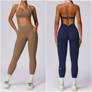 LL-8605 Roupa de ioga feminina Define duas peças calças calças de calças de calças de calças de ginástica esportiva com ginásios longos elásticos de calça alta da cintura esportiva