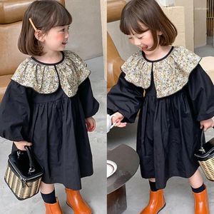 Flickaklänningar Flower Doll Collar Girls Dress Kids Baby Clothes Black Autumn Toddler Outwear School Party Uniform Cotton Children 2-6y