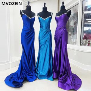 فساتين الحفلات Mvozein Royal Blue Satin Prom Crystal Spaghetti Strap Seath مناسبة رسمية مناسبة طويلة