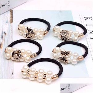 Hair Rubber Bands Pearl Crown Rose Butterfly Elastic For Women Korean Double Pearls Band Gums Accessories Wholesale Aa220323 Drop De Dh9Qe