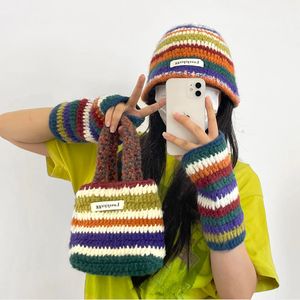 Rainbow Striped Knitted Bucket Hats for Women Autumn Winter Warm Panama Y2K Beanies Set with Gloves Bag 240412