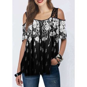 Designer women's clothing 2024 new womens lace printed short sleeve loose T-shirt blouse mesh crop top women cotton blouse black t shirt for women Women's T-shirt EF4A