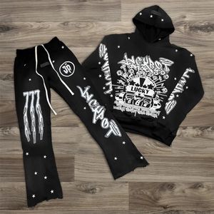 Mens Autumn Winter Hoodie Suit Twopiece 3D Printed Sportswear Casual Bell Pants Set Y2K Streetwear Clothing 240410